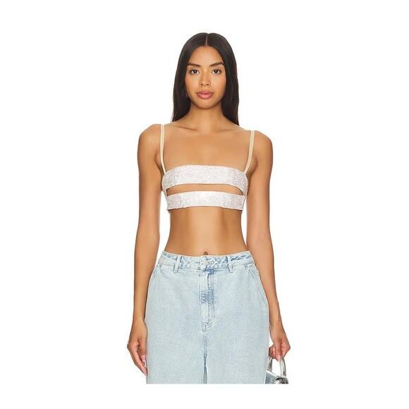 Cult Naked Highlight Borderline Cropped Top Cut Out Rhinestone Mesh Tan Size XL - Picture 1 of 5